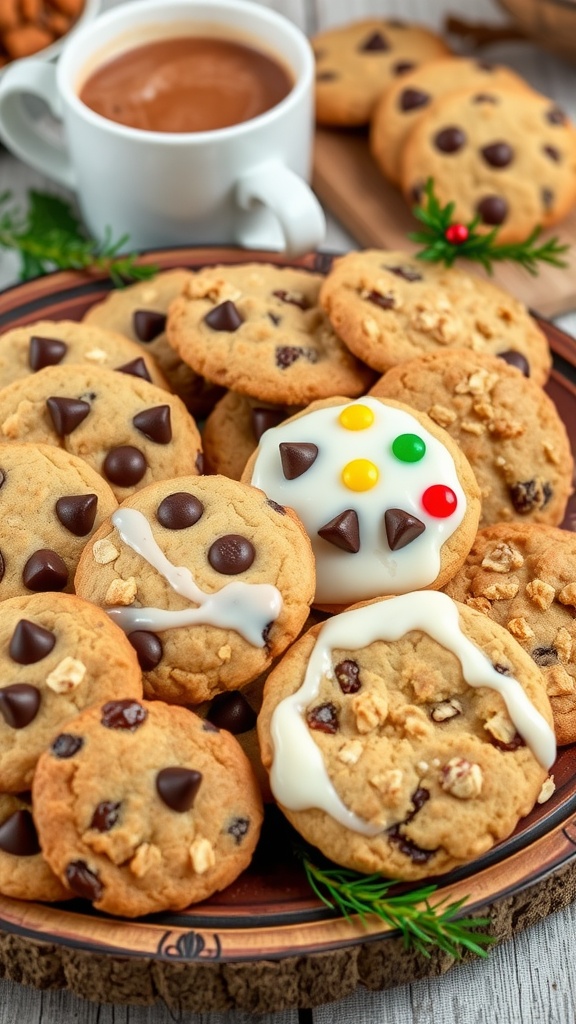 An assortment of cookies on a wooden platter, featuring chocolate chip, sugar cookies with icing, and oatmeal raisin.